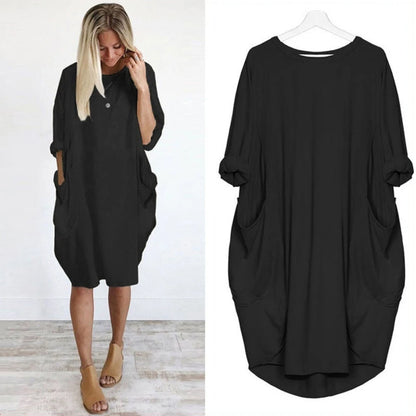 Women's summer casual fashion loose plus size solid color multi-color optional round neck long sleeved dress