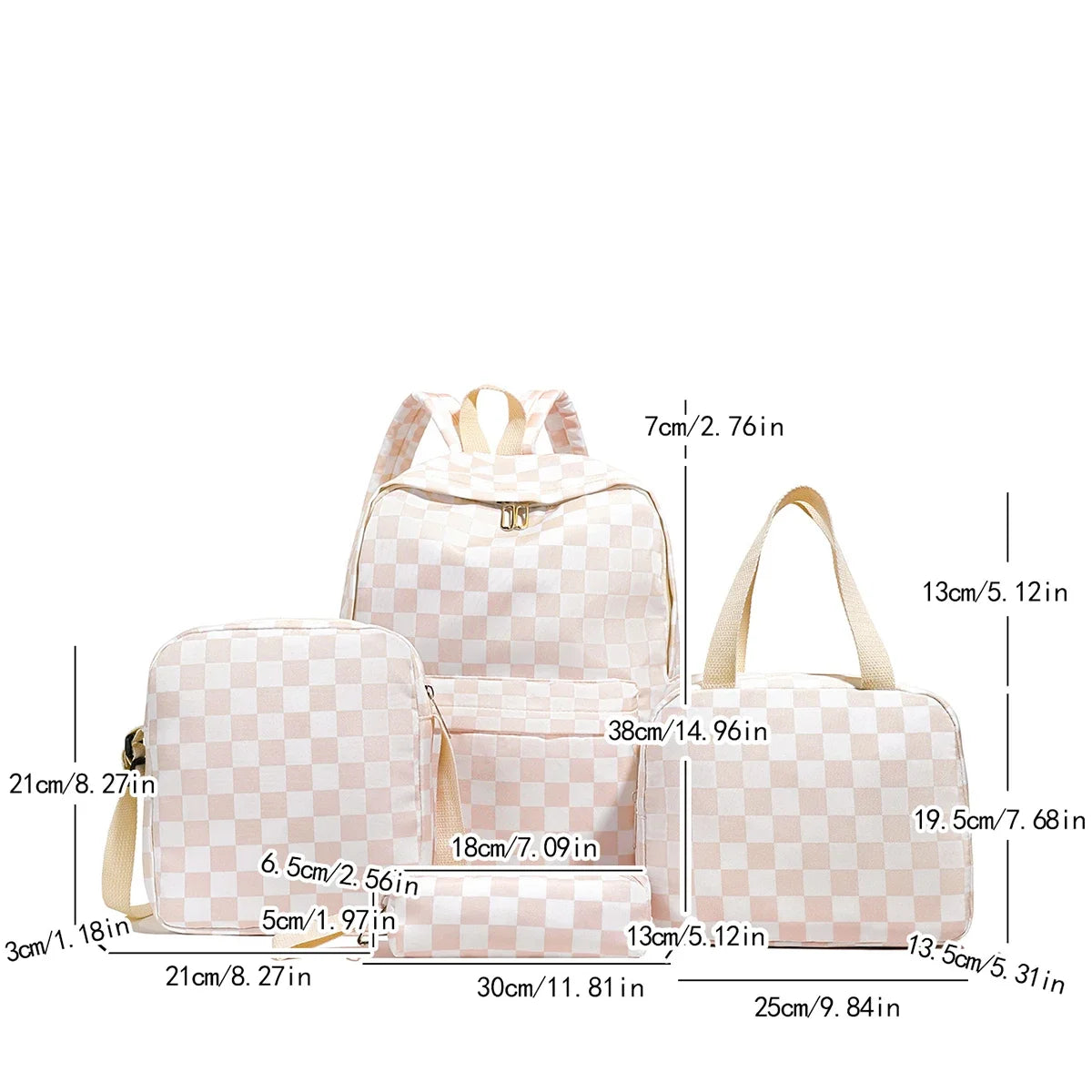 Checkerboard 4Pcs Backpack Set Crossbody &handbag &Pen Case Stitching Multi Pocket Adjustable Straps