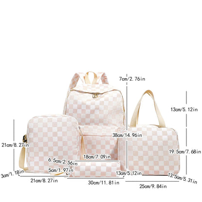 Checkerboard 4Pcs Backpack Set Crossbody &handbag &Pen Case Stitching Multi Pocket Adjustable Straps