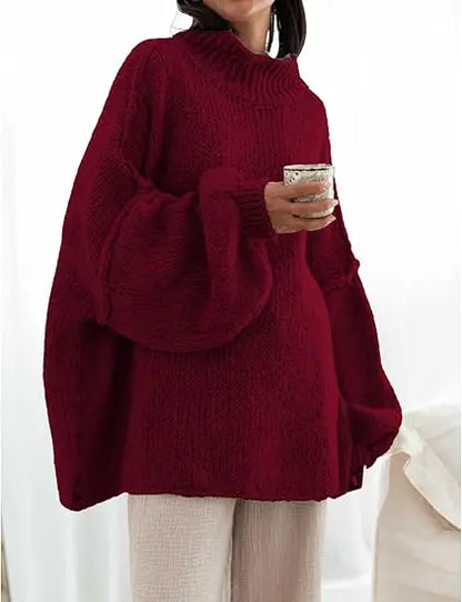 Women's Oversized Pullover Sweaters  Fall Winter Mock Neck Lantern Sleeve Crochet Casual Knitted Jumper Tops Solid Color Loose Blouse