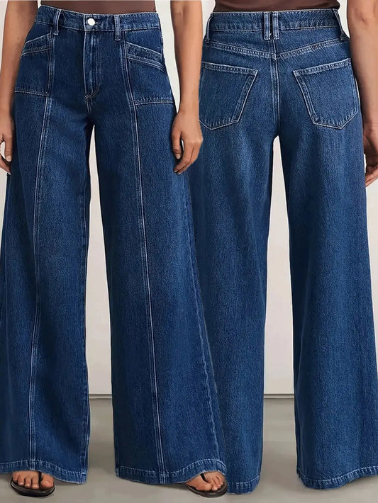 "Women’s Deep Blue Wide Leg Jeans - Stylish Denim Trousers for Comfort and Versatility