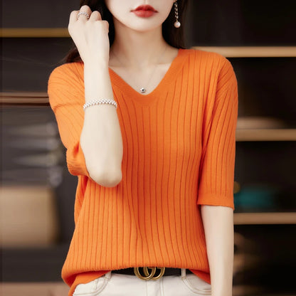 Women's Sweater Spring Summer Short Sleeve V-neck Knit Shirt Casual Pullovers Stripe Bottoming Shirt Slim Fit Jumpers