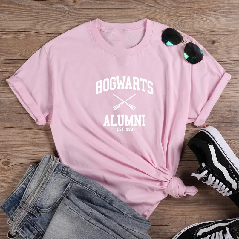 Harajuku Ladies Top Tee Shirt Femme Black White Hogwarts Fashion T-shirt Summer Harajuku Sleeve Casual Aesthetic Clothes