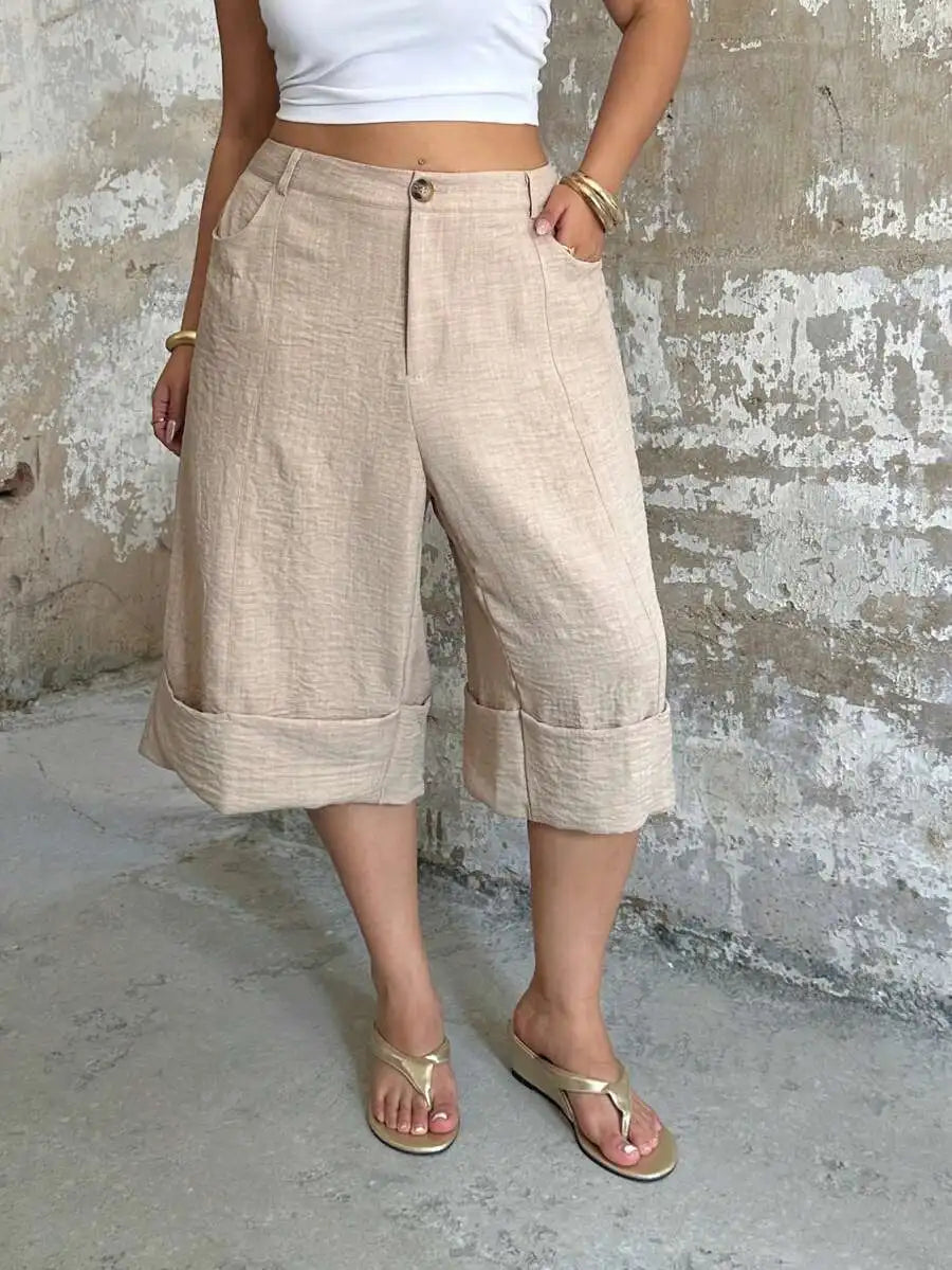 POPSWAY New Elegant Fashion Casual Design Cuffed Hem Capri Length High Waist Wide Leg Pants
