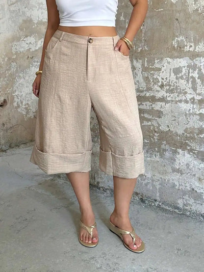 POPSWAY New Elegant Fashion Casual Design Cuffed Hem Capri Length High Waist Wide Leg Pants