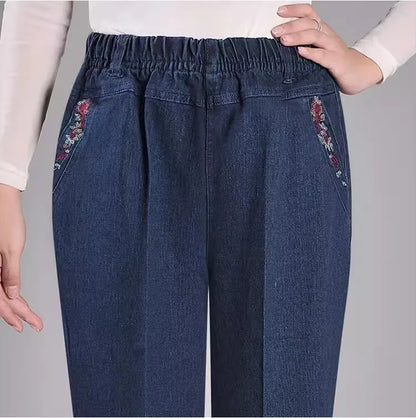 Middle aged mother Spring Autumn Embroidery Jeans Black Loose Elastic waist Stretch Straight Pants Casual Women Denim Trousers