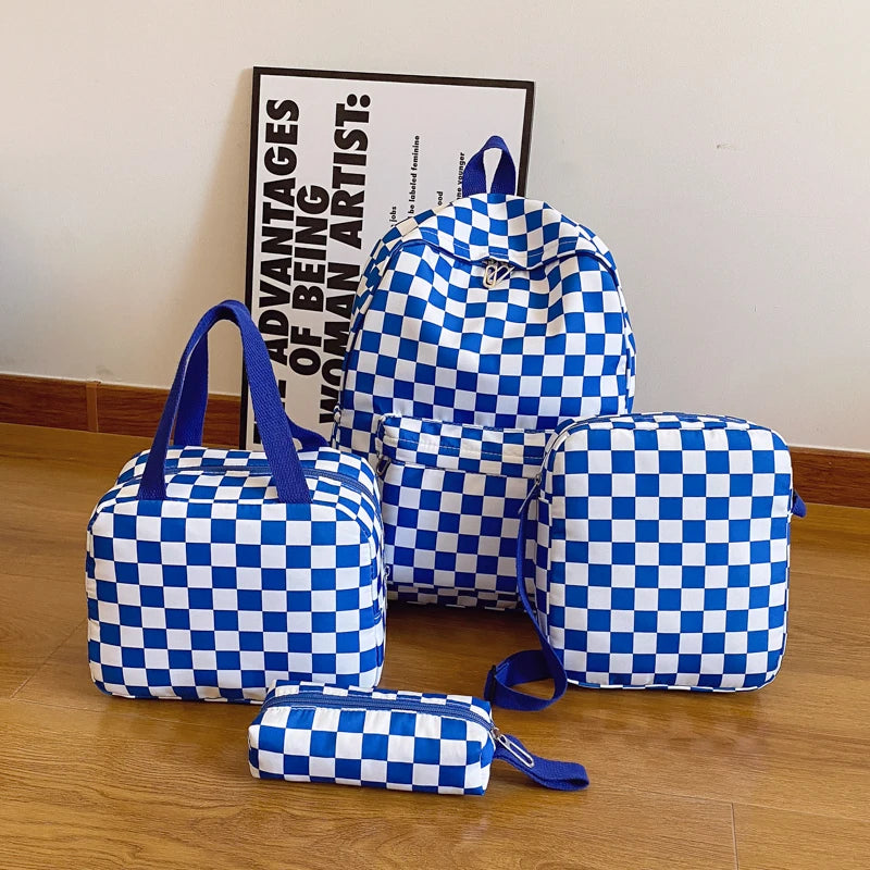 Checkerboard 4Pcs Backpack Set Crossbody &handbag &Pen Case Stitching Multi Pocket Adjustable Straps