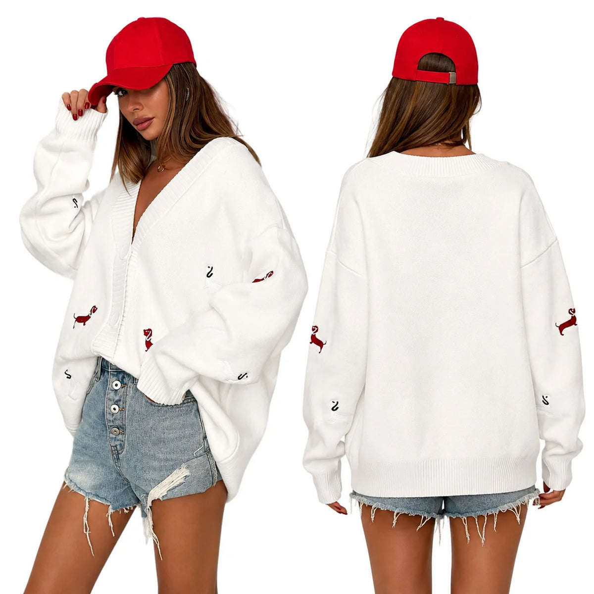 Dog Embroidery Oversized Knit Cardigan for Women, V‑Neck Button Down Long Sleeve Drop Shoulder Loose Sweater Jacket for Fall Winter Casual Outfits