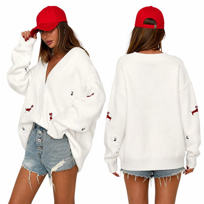 Dog Embroidery Oversized Knit Cardigan for Women, V‑Neck Button Down Long Sleeve Drop Shoulder Loose Sweater Jacket for Fall Winter Casual Outfits