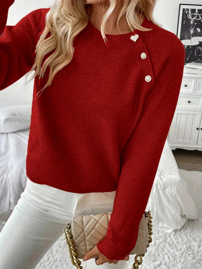 Women Asymmetrical Gold Button Crew Neck Knit Sweater, Soft Solid Long Sleeve Casual Pullover Jumper For Spring Autumn Daily Wear