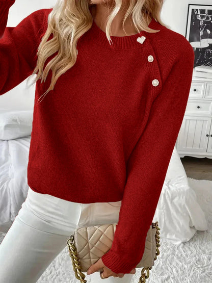 Women Asymmetrical Gold Button Crew Neck Knit Sweater, Soft Solid Long Sleeve Casual Pullover Jumper For Spring Autumn Daily Wear
