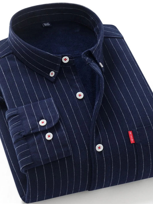 Men's Thickened Flannel Warm Striped Shirt Autumn Winter Casual Style Wear Resistant Durable Outerwear Youth Popular Fashion