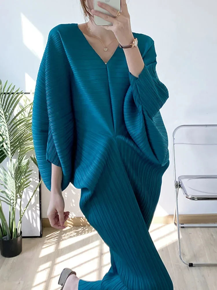 Fold Elegant Pleated V-neck Batwing Elastic Sleeve Mid-calf Dress Women Loose Solid Color 2025 Summer Female New Clothing
