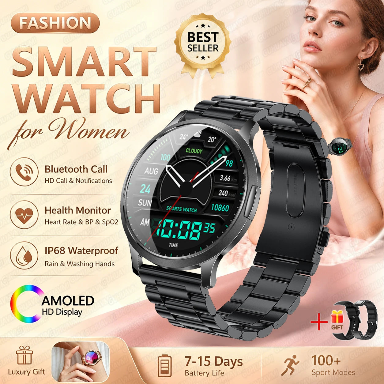 Fashion Women Smart Watch 1.32”AMOLED 100+dials Heart Rate Blood Oxygen Blood Pressure Monitoring Waterproof Give a Gift 2026New