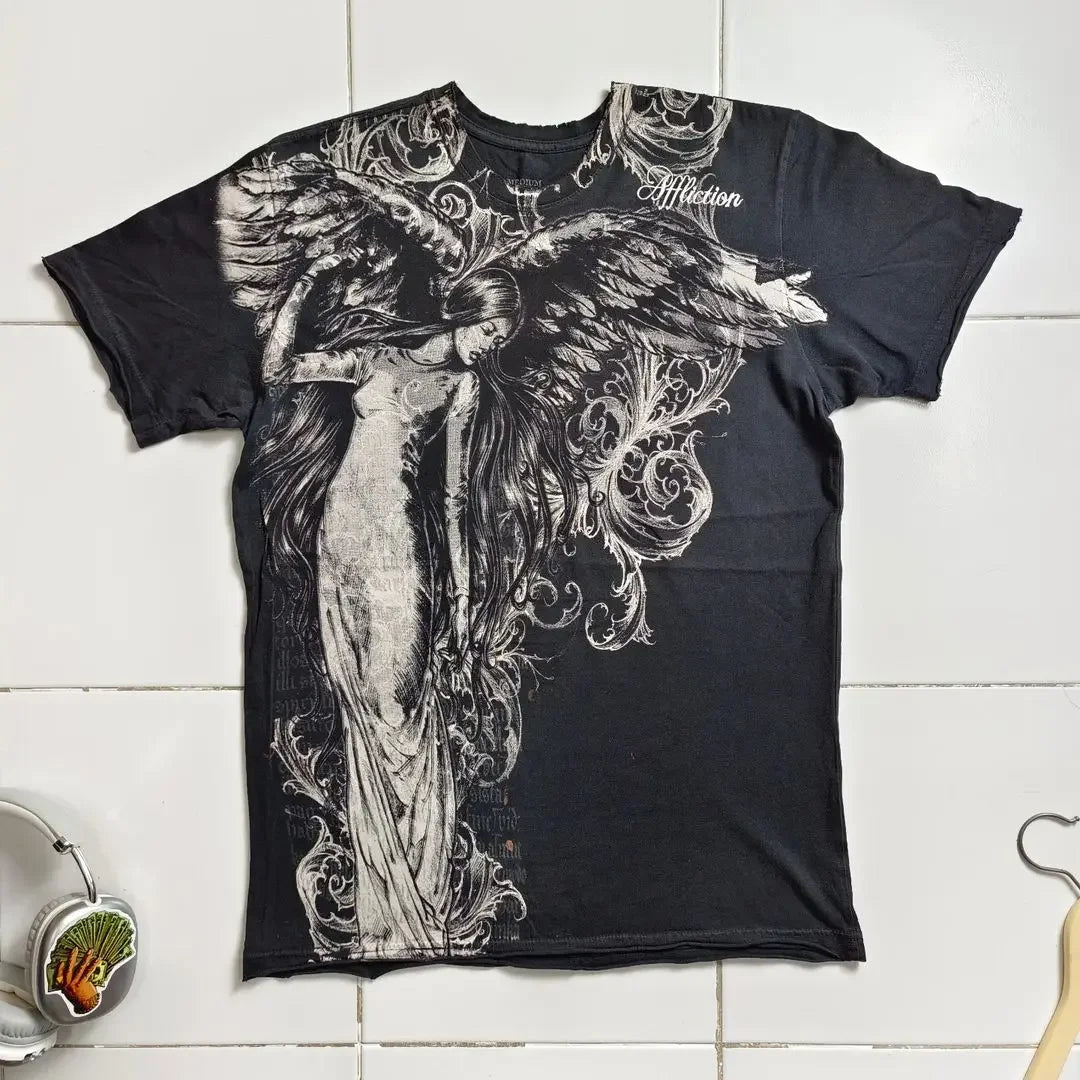 2000s American Skull Pattern Long sleeved T shirt Fashion Round Neck Oversized T shirt New Mens Casual Gothic Clothing Tops