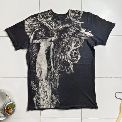 2000s American Skull Pattern Long sleeved T shirt Fashion Round Neck Oversized T shirt New Mens Casual Gothic Clothing Tops