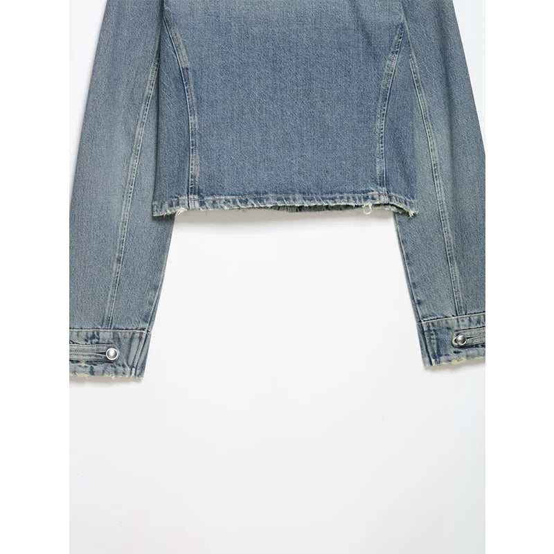 YENKYE Women's Cropped Denim Jacket Front Button Frayed Hem Stand Collar Streetwear Coat