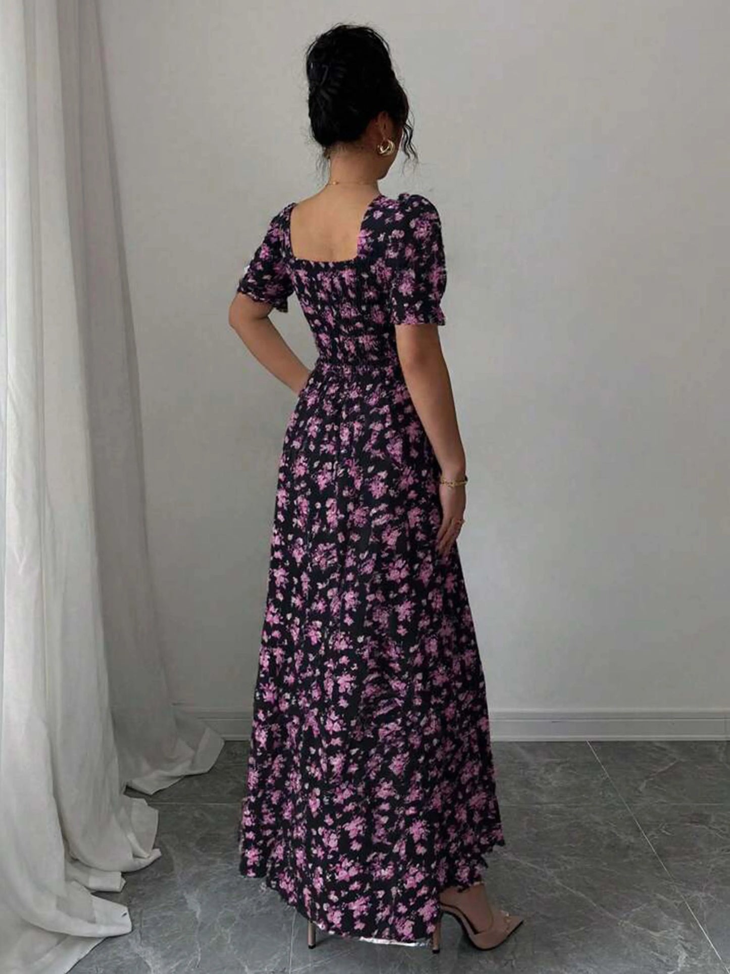 Women's Summer Maxi Dress Elegant Casual Puff Sleeve Square Neck Black Floral Print Long Evening Gown for Women