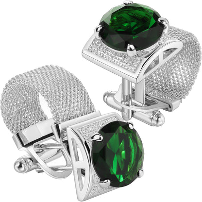 HAWSON Birthstone Crystal Cufflinks for Men Silver Luxury with Chain Wedding Birthday Christmas Gift