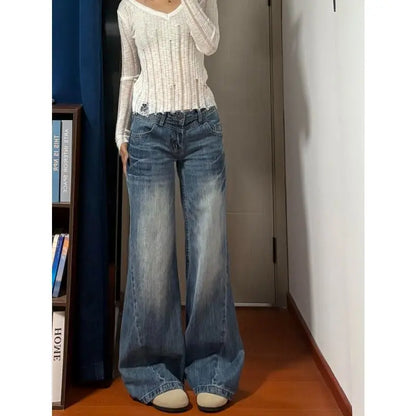 New American Vintage Edgy Low Waist Washed Jeans Women Lightning Crack Flared Wide Leg Floor Length Versatile Denim Pants