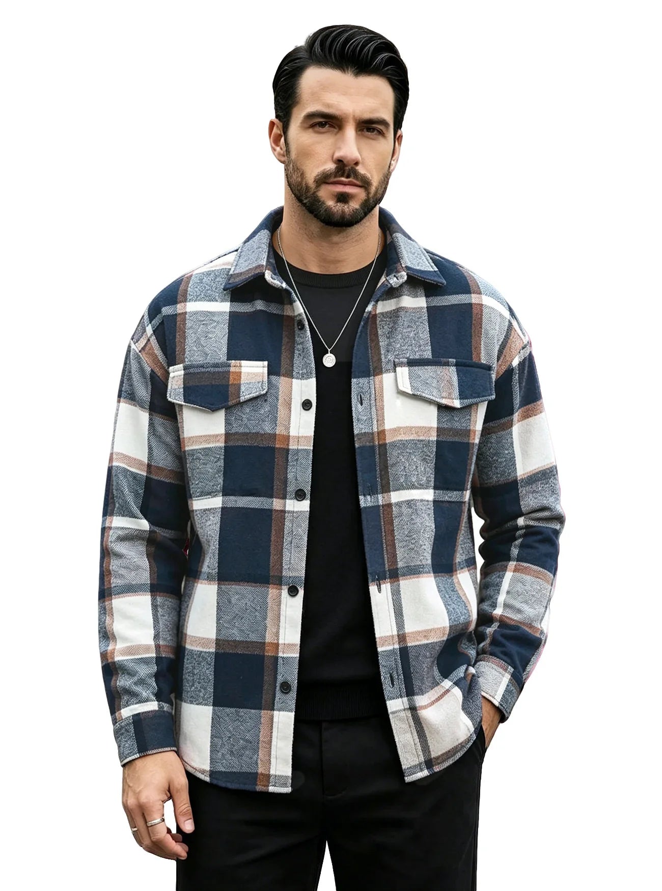 Men's Plaid Flannel Shirt Long Sleeve Button Down Casual Shacket with Flap Pockets Autumn Winter Streetwear Top