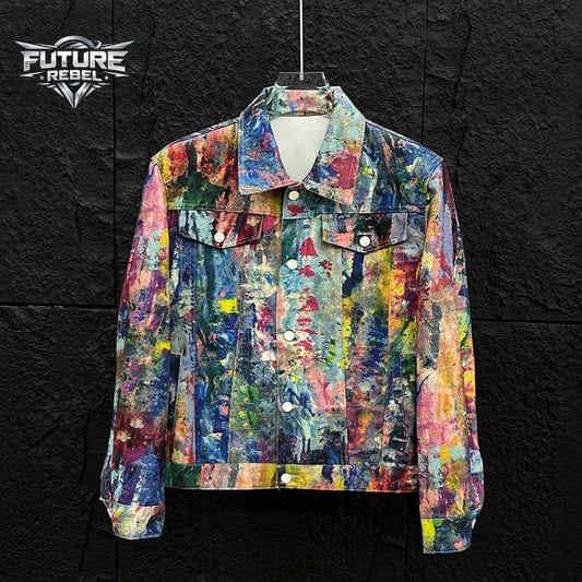 Y2K Graffiti Painting Printed Denim Jacket Men Streetwear Casual Loose Fashion Hip Hop Colorful Gothic Jacket Harajuku Unisex
