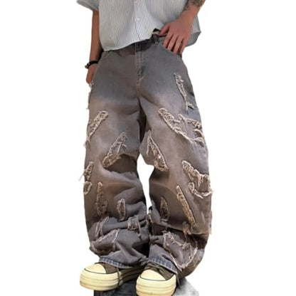 Men's Baggy Jeans Patchwork Embroidery Jeans Fringe Frayed Edges Wide Leg Denim Pants