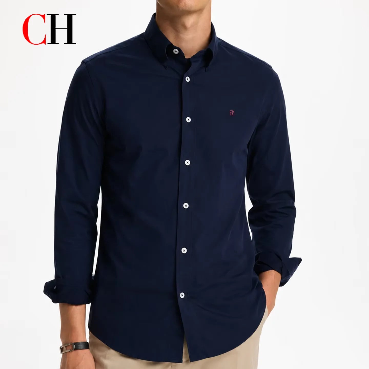 CH Solid Color Embroidered Long Sleeve Shirt Men Business Casual Button Down Collar Slim Fit Office Tops