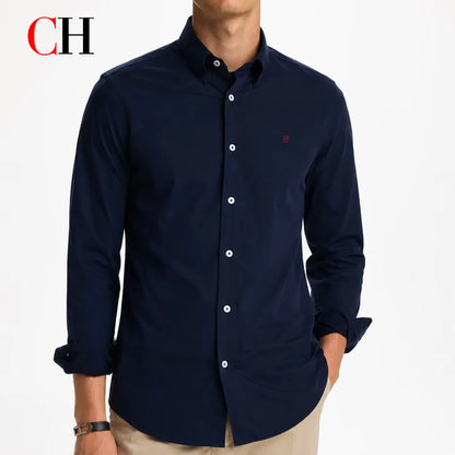 CH Solid Color Embroidered Long Sleeve Shirt Men Business Casual Button Down Collar Slim Fit Office Tops