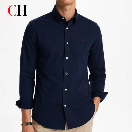 CH Solid Color Embroidered Long Sleeve Shirt Men Business Casual Button Down Collar Slim Fit Office Tops