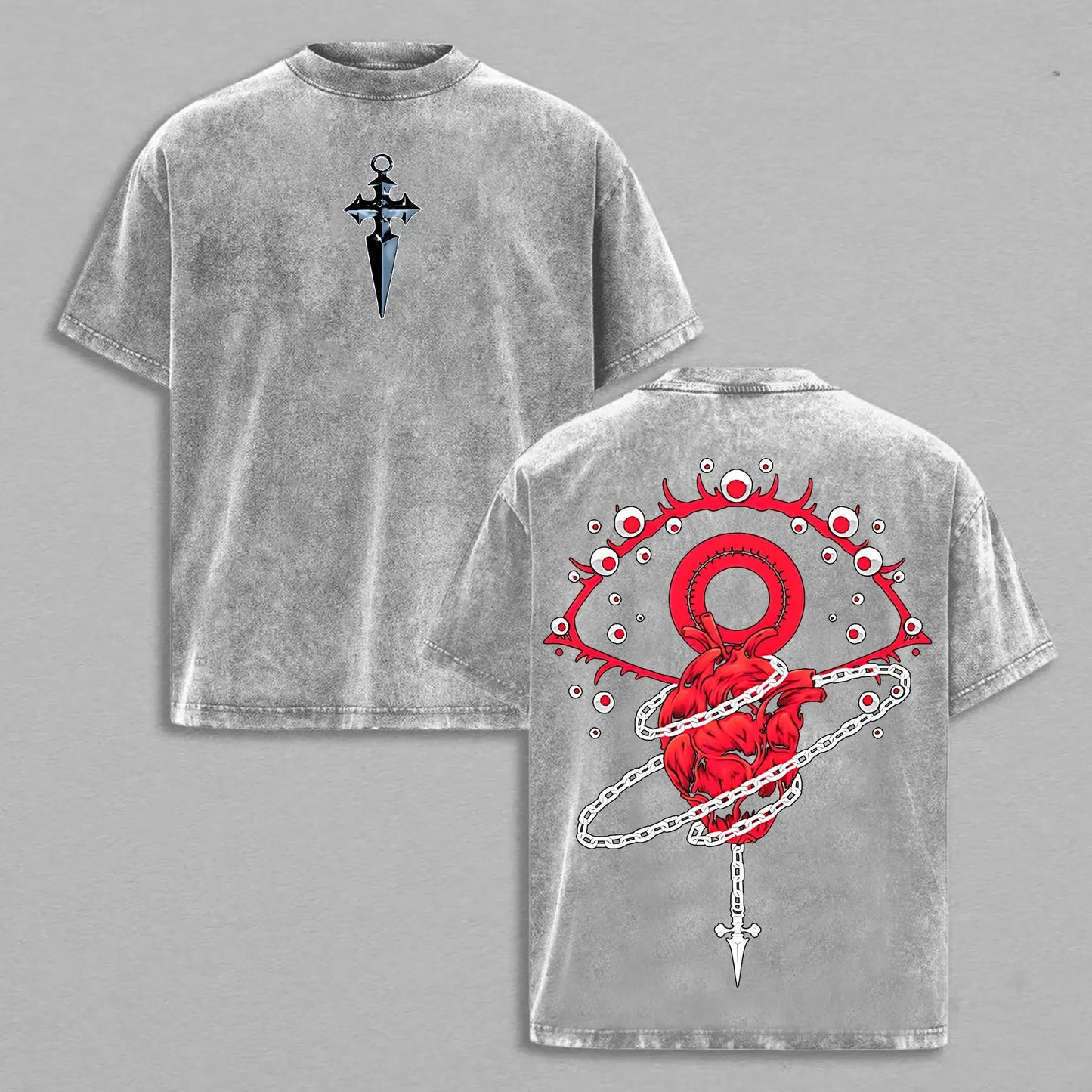 Vintage Acid Washed Distressed T-Shirt Gothic Dagger Cross Small Print Front Blood Eye Anatomical Heart Chain Horror Dark Grunge Graphic