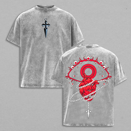 Vintage Acid Washed Distressed T-Shirt Gothic Dagger Cross Small Print Front Blood Eye Anatomical Heart Chain Horror Dark Grunge Graphic