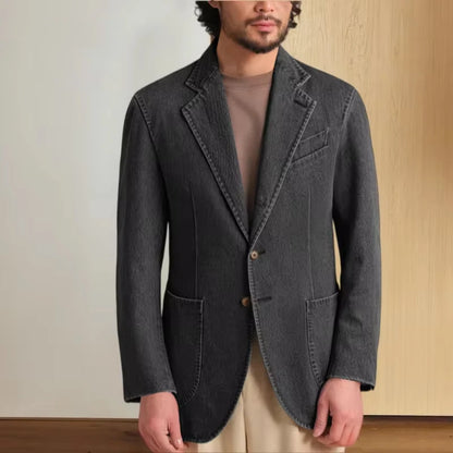 Men's Stretch Denim Blazer Classic Fit Notch Lapel 2 Button Suit Jacket Soft Breathable Business Casual Sport Coat with Pockets