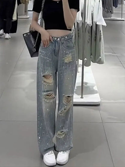 Female Cowboy Pants with Rhinestones Women's Torn Jeans High Waist Shot Wide Leg Trousers