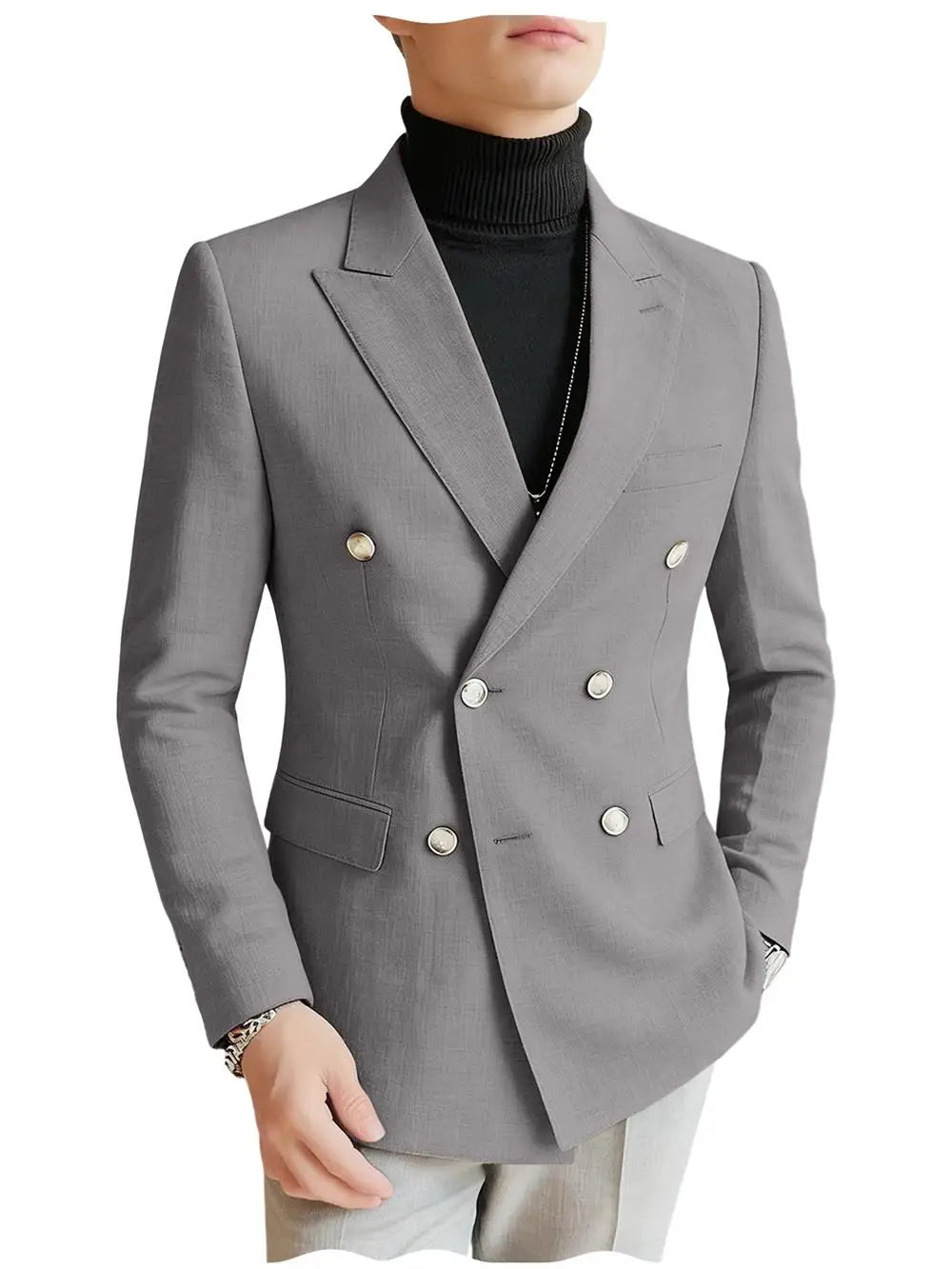 Men's Linen Blazer Double Breasted Slim Fit Breathable Suit Jacket Business Casual Gentlemen Coat Formal Wedding Party Dress