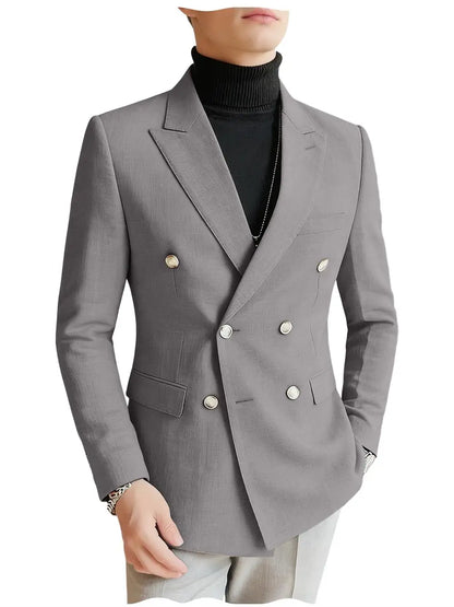 Men's Linen Blazer Double Breasted Slim Fit Breathable Suit Jacket Business Casual Gentlemen Coat Formal Wedding Party Dress