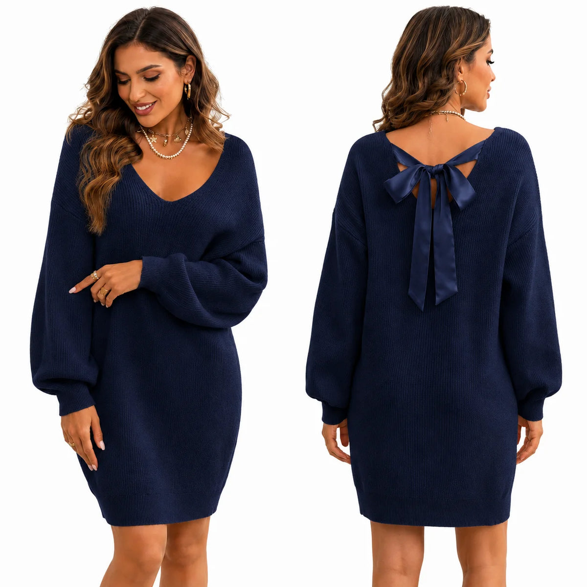 Women V‑Neck Oversized Knit Sweater Dress, Back Satin Bow Tie‑Back Long Puff Sleeve Loose Mini Knit Dress for Fall Party Daily Going‑Out Outfit