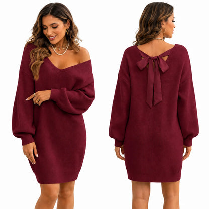 Women V‑Neck Oversized Knit Sweater Dress, Back Satin Bow Tie‑Back Long Puff Sleeve Loose Mini Knit Dress for Fall Party Daily Going‑Out Outfit