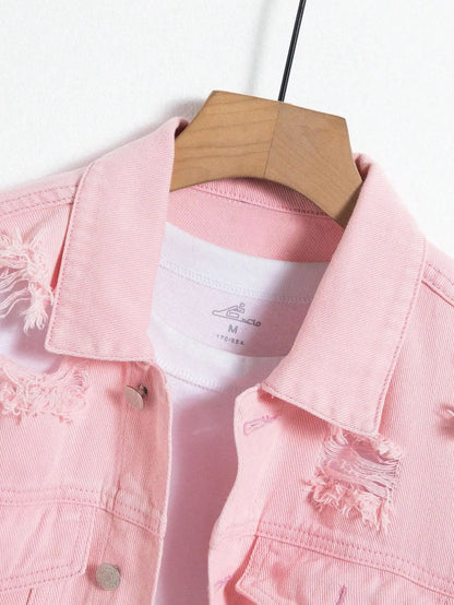 Men's denim jacket for spring and autumn. Pink ripped denim jacket. Daily casual. Fashionable and trendy.
