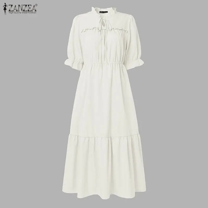 Summer Ruffled Dress ZANZEA Stylish Women Bohemain Short Sleeve Holiday Sundress Elastic Waist Casual Work Dresses A Line Robe