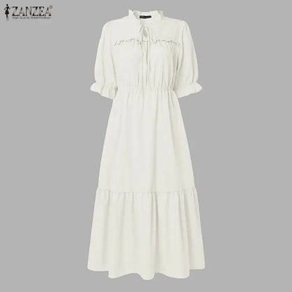 Summer Ruffled Dress ZANZEA Stylish Women Bohemain Short Sleeve Holiday Sundress Elastic Waist Casual Work Dresses A Line Robe