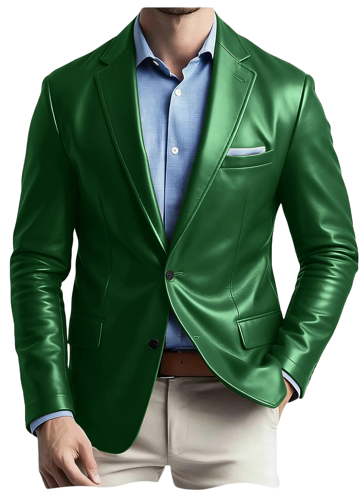 Men's Faux Leather Blazer Notch Lapel Flap Pockets Slim Fit Suit Jacket Coats For Casual Business Wedding Party