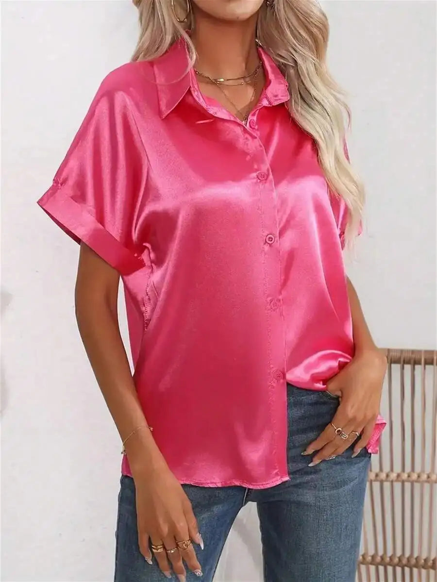 Elegant Turn-Down Collar Button Front Faux Silk Short Sleeve Blouse For Women