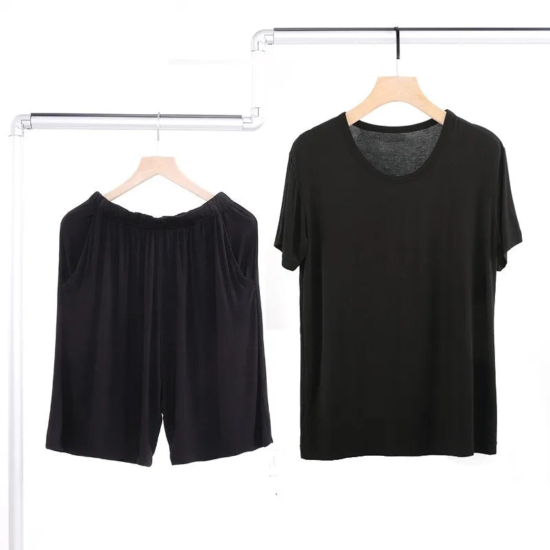 Summer Men's Modal Short Sleeve Shorts Set V-Neck Loose Fit Comfortable Sleepwear Home Clothes Mid-aged And Elderly Suitable