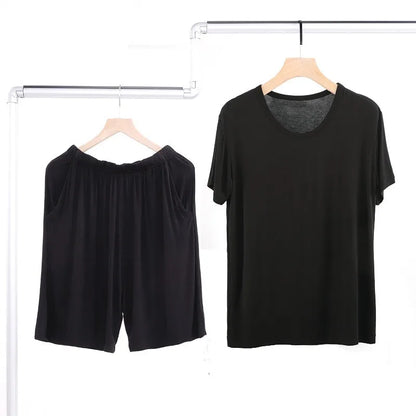 Summer Men's Modal Short Sleeve Shorts Set V-Neck Loose Fit Comfortable Sleepwear Home Clothes Mid-aged And Elderly Suitable