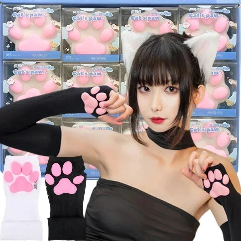 2026 Cute 3D Silicone Pink Cat Claw Paw Pads Soft Fingerless Fluffy Sun Protection Cool Sleeves Cute Gloves Long Tube for Women