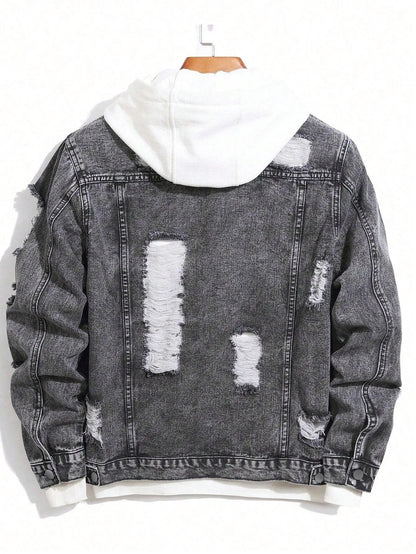 1Pc Y2Kmen's Four Seasons Destroyed Stone Washed Light Jacket Daily American Street Casual Denim Jacket (No Hood/No Accessories)