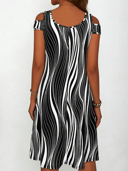 Women's Black White Wavy Stripe Print Cold Shoulder Midi Dress Summer Casual V Neck Short Sleeve A Line Flowy Sundress