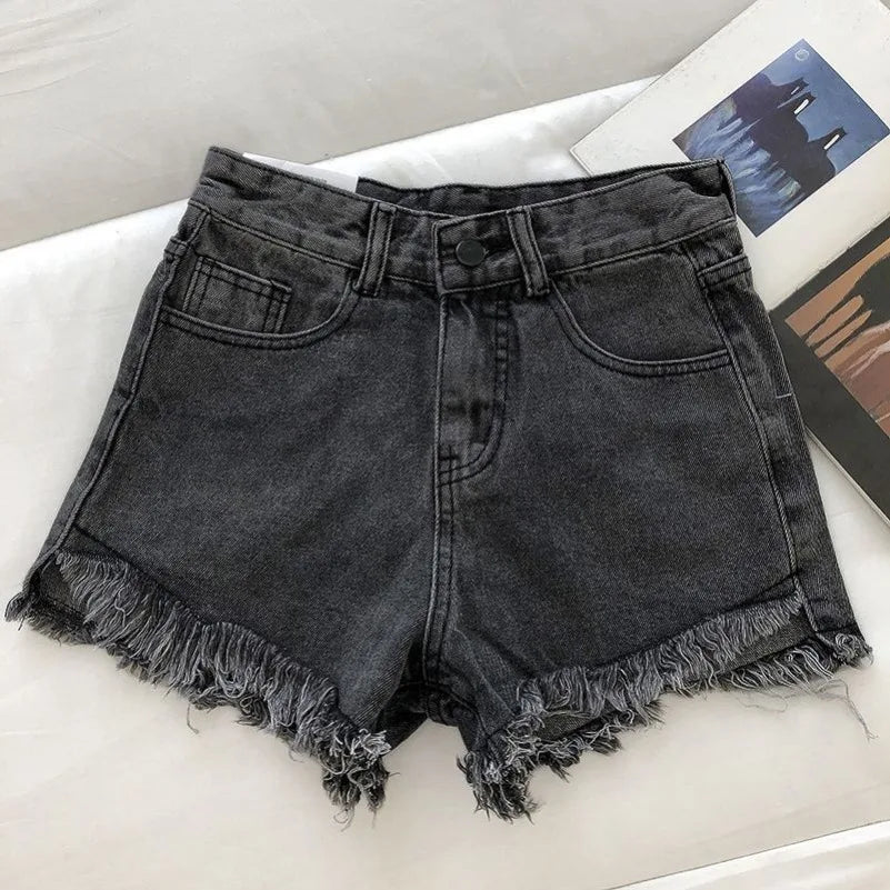 New Summer Women High Wiast Raw Hem Denim Shorts Soild White Black Blue Korean Wide Leg Pants Mon Shorts DURIKIES