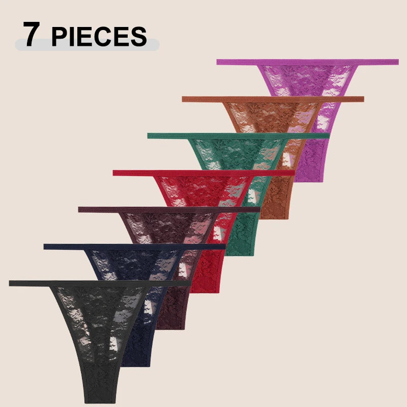 7Pcs/Set Women's Sexy Lace Transparents G-Strings Underwear Summer Solid Color Lace Floral Thongs Female Low Waist Sexy Lingerie
